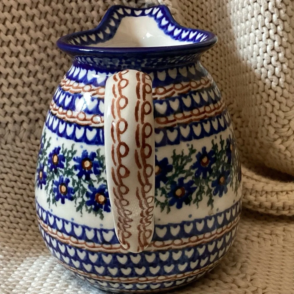 Polish Pottery Hand Painted Blue Design  Pitcher 6.5” 1 Quart signed B. Fidelus